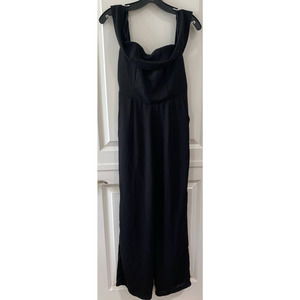 Selfie Leslie Off The Shoulder Black Jumpsuit Straight Leg Side Slit Pockets Med